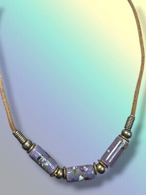 Purple Ceramic Beaded Leather Chain Necklace 906